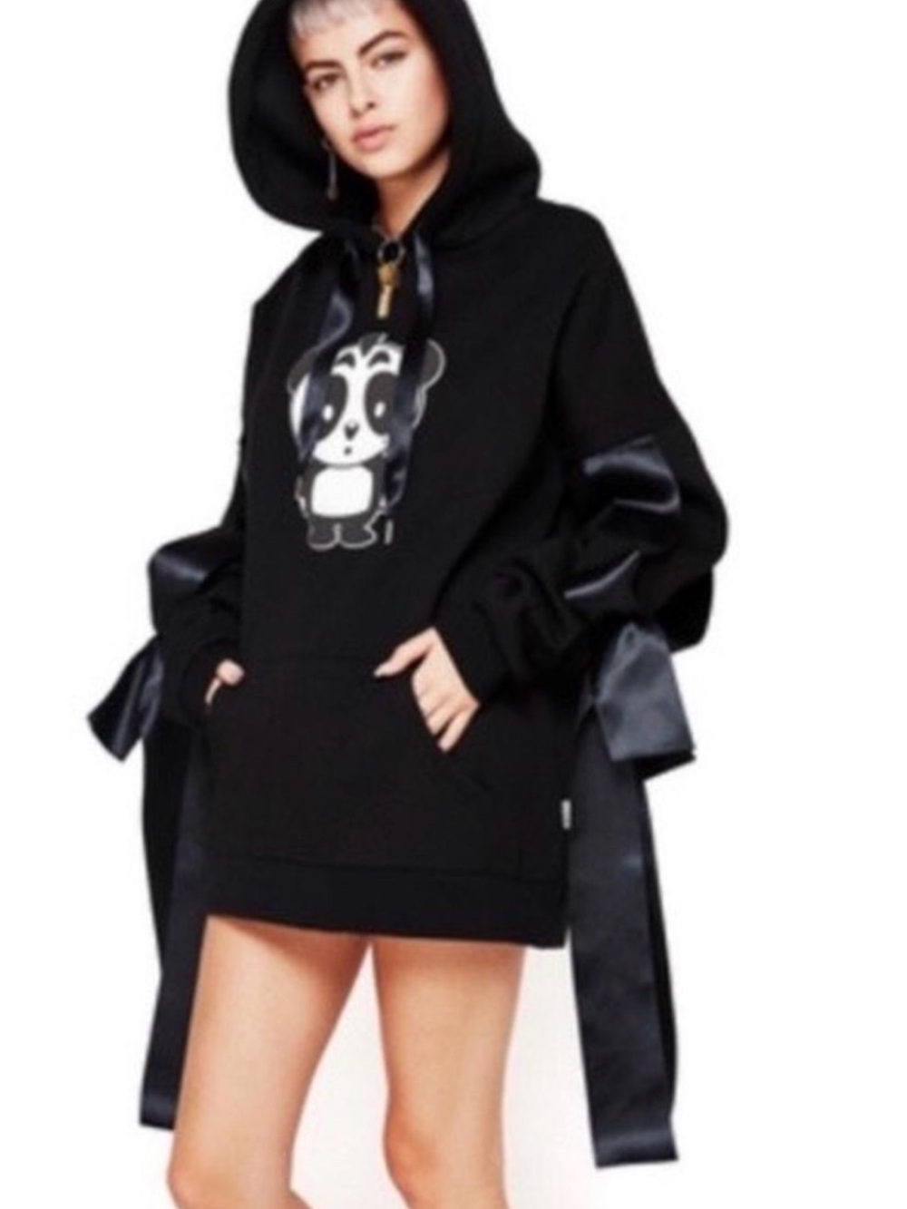 NICOPANDA Oversized BLACK
Ribbon-Trim Hoodie Size M